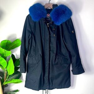 1 Madison Women's‎ Black Jacket with Blue Fur Collar Size medium